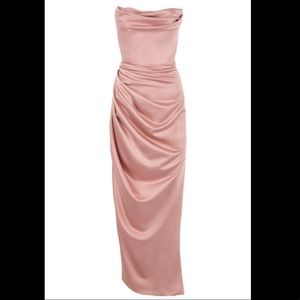 House of CB “Adrienne” blush satin strapless gown